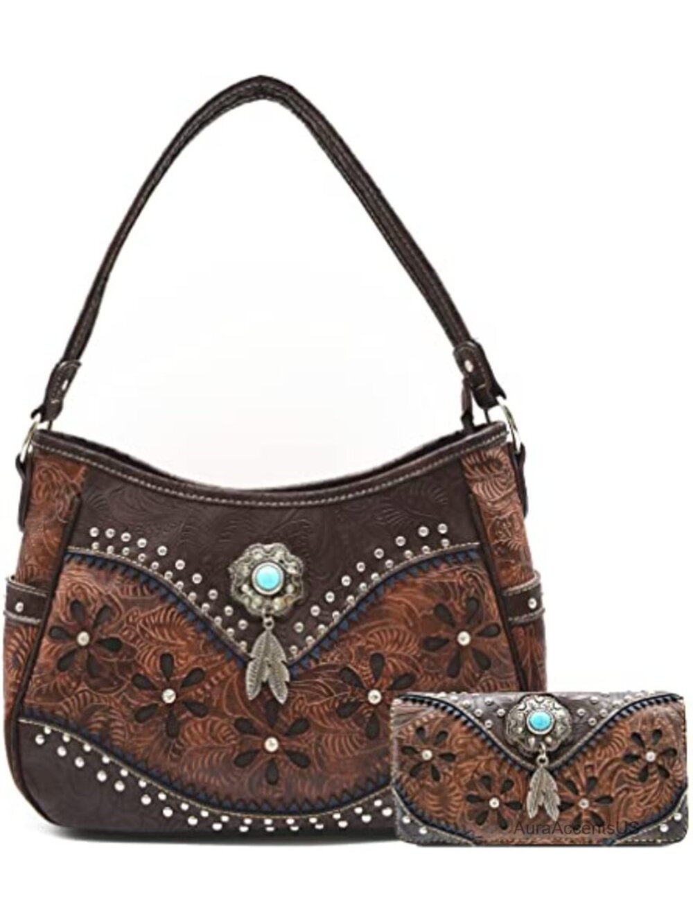 Western Tooled Floral Shoulder Bag & Wallet Set Concealed Carry Purse